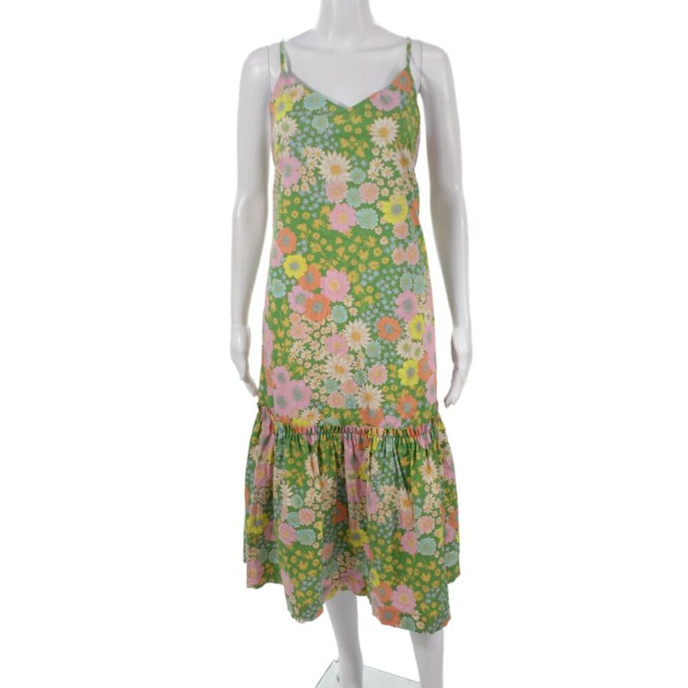 Scoop Womens Green Floral Cotton Sundress V-Neck Sleeveless Midi Size S